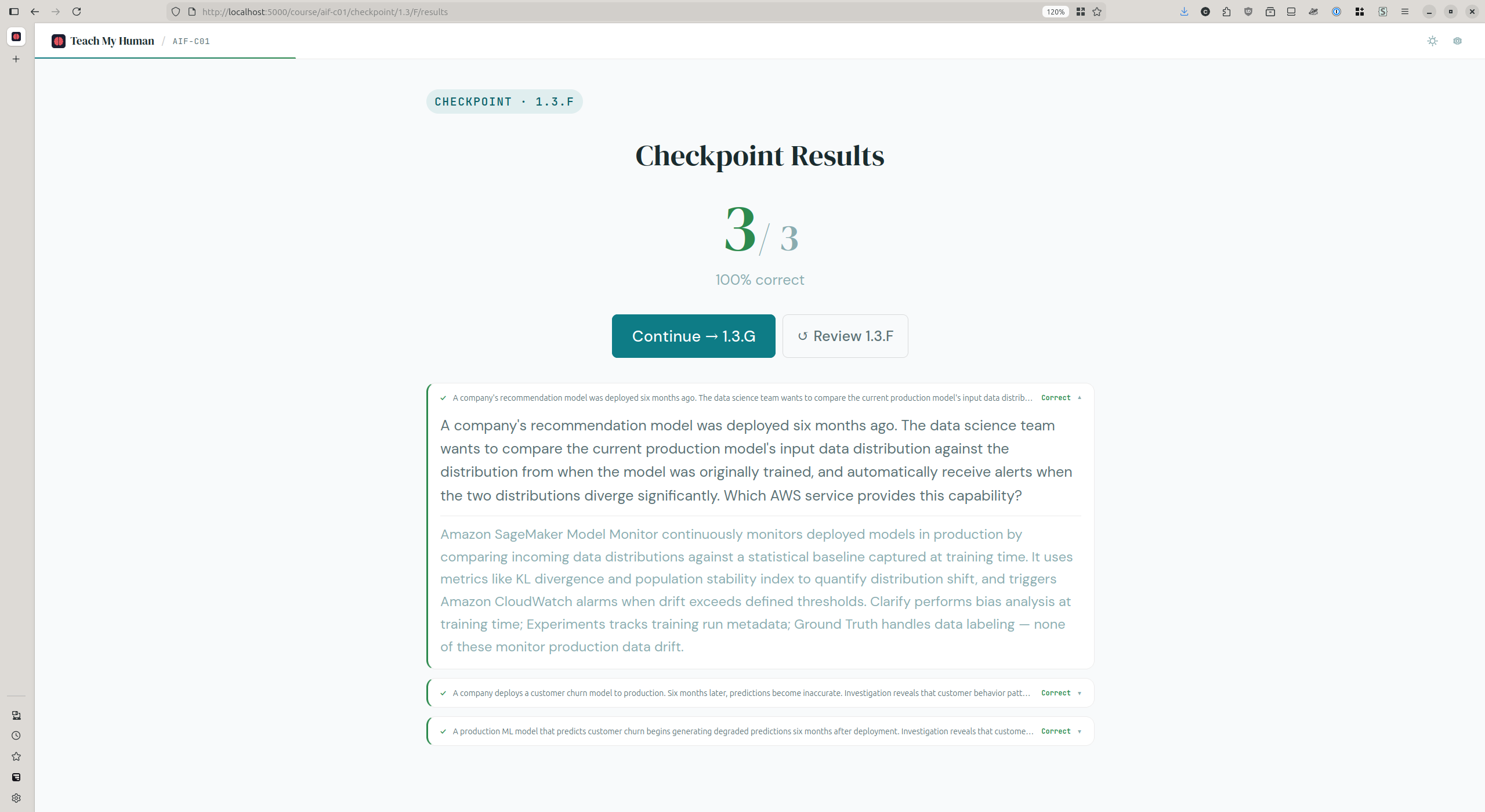 A TMH checkpoint quiz result showing 3/3 correct with detailed explanations for each question