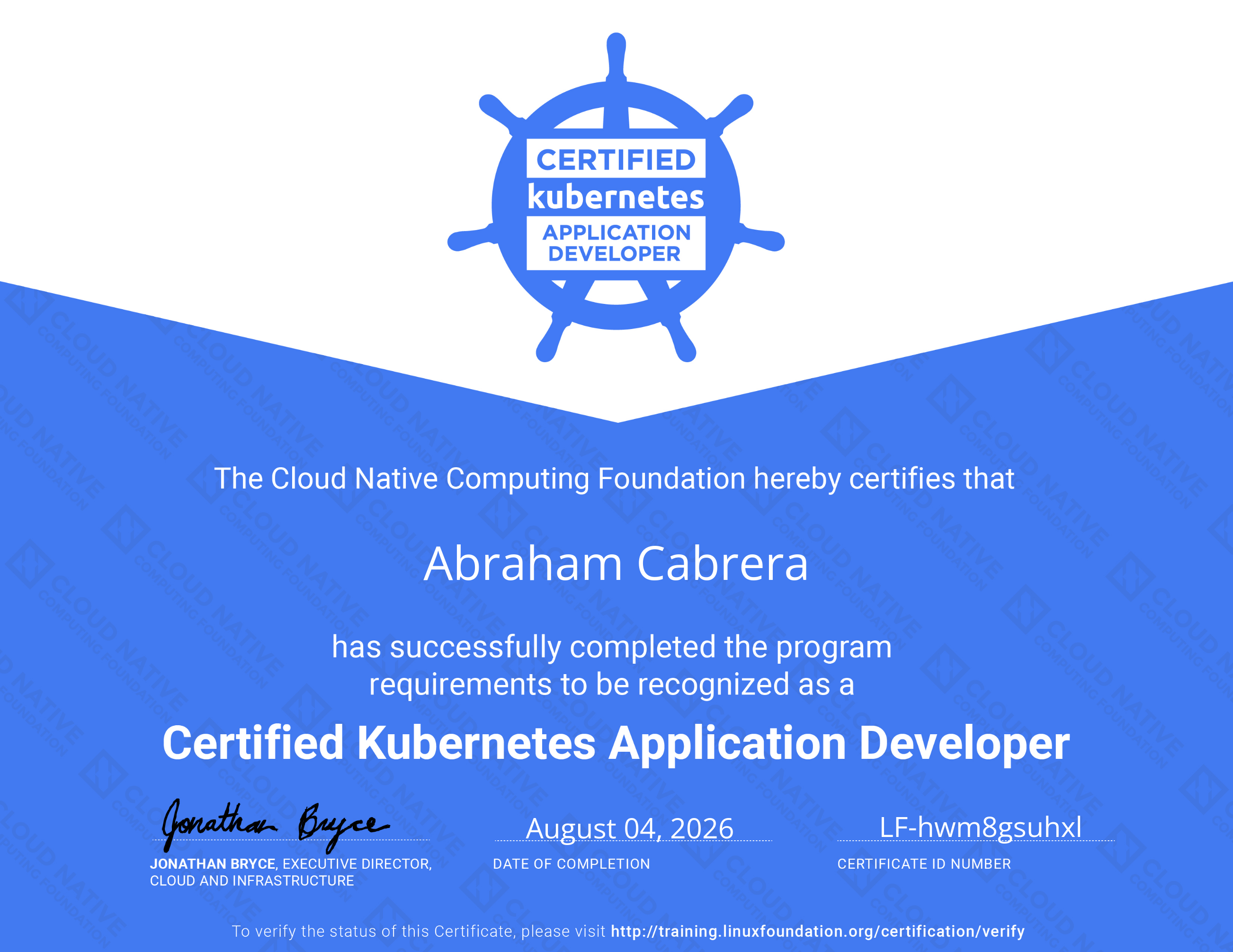 Certified Kubernetes Application Developer certificate showing a passing score of 94%